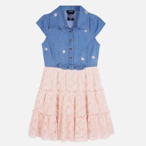 Zunie Girls Denim and Floral Pink Dress Youth Denim Size S 7/8
